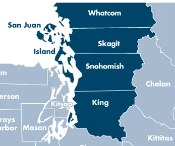 Service area map highlighting Whatcom, Skagit, Whidbey Island, Snohomish and King County in Washington State