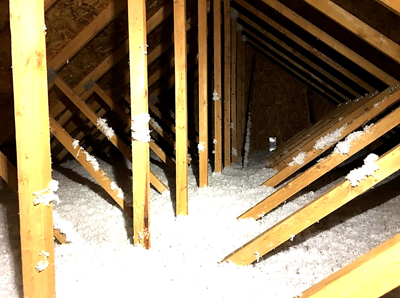 Blown-in insulation packed evenly between attic framing