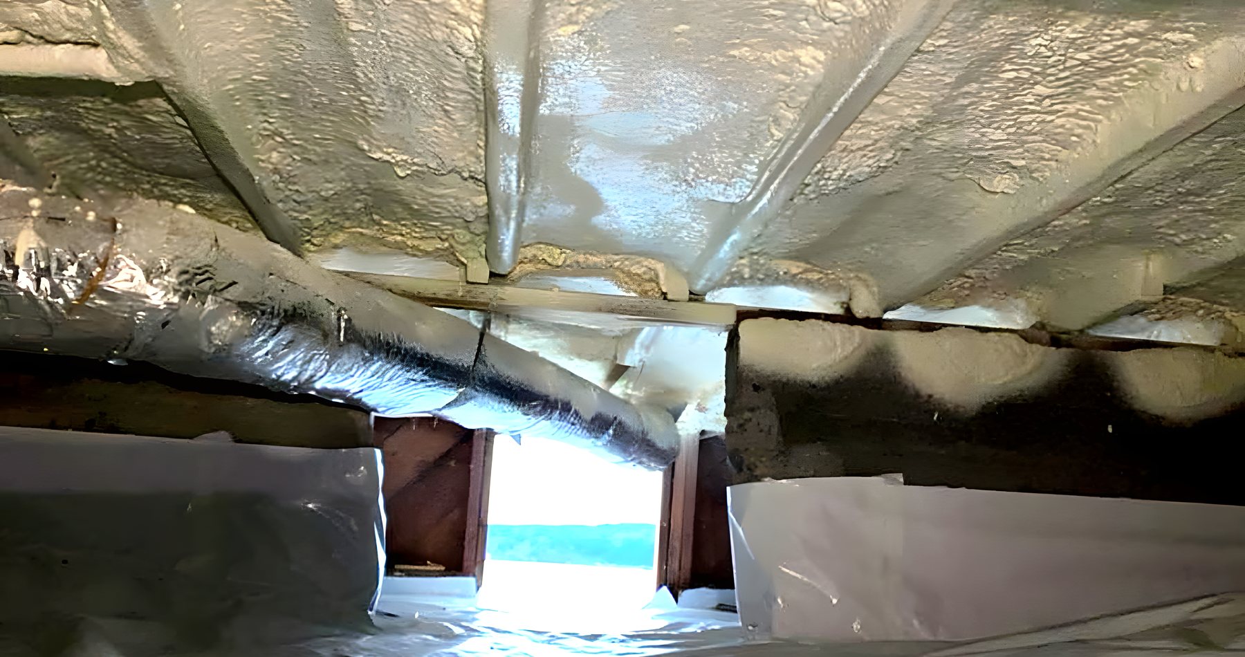 Wide crawl space with fresh insulation and sealed ground cover