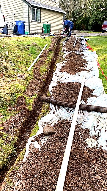Exterior drainage work alongside the foundation