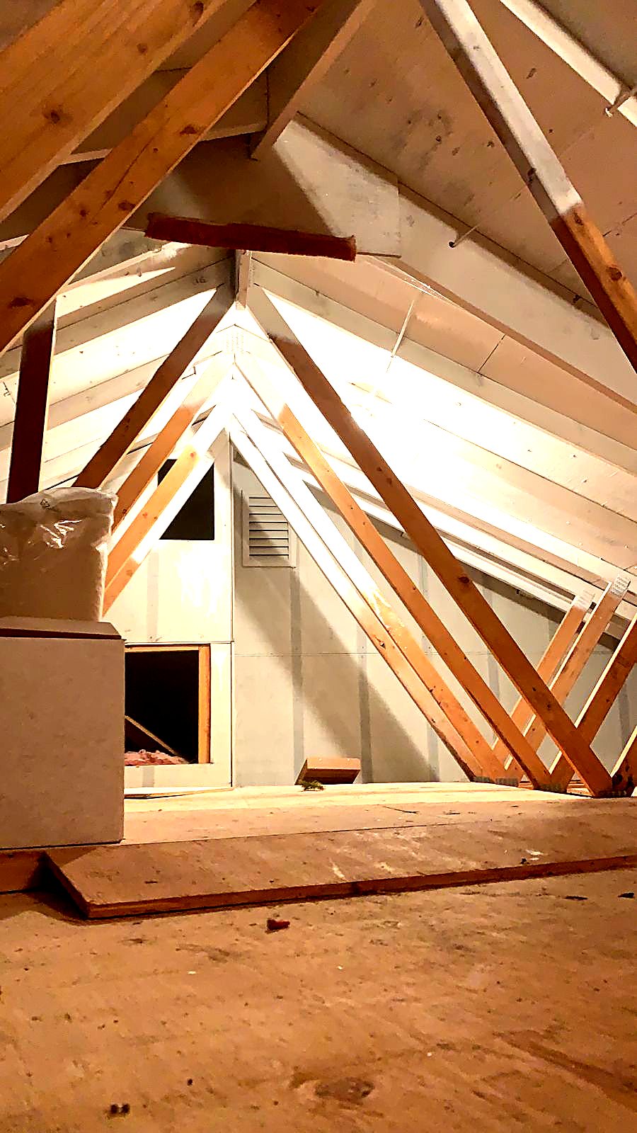 Attic trusses and gable framing before insulating