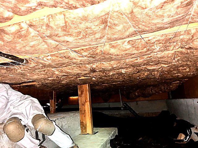 Old fiberglass showing water staining and sag